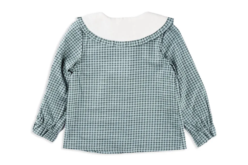 Sage Green Check Girls Blouse with Floral Embroidered Collar