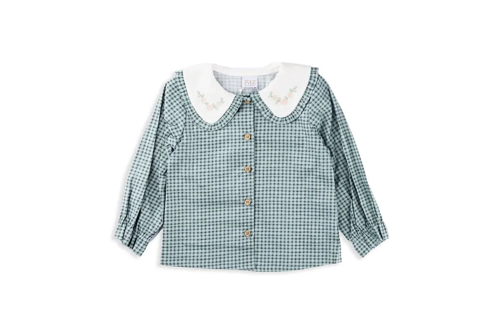 Sage Green Check Girls Blouse with Floral Embroidered Collar