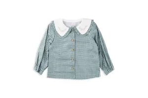 Sage Green Check Girls Blouse with Floral Embroidered Collar