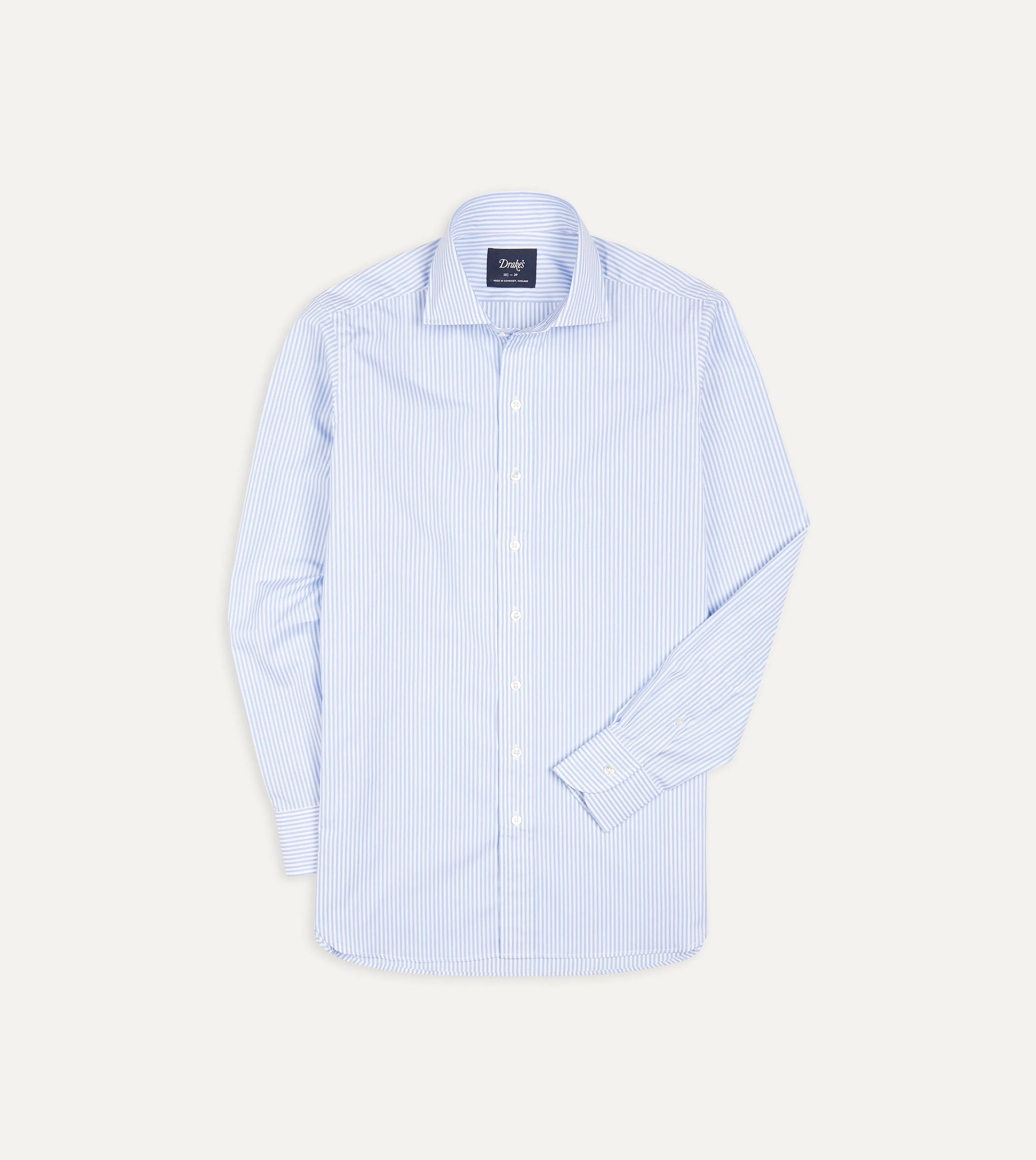 Sky Blue and White Bengal Stripe Spread Collar Cotton Poplin Shirt