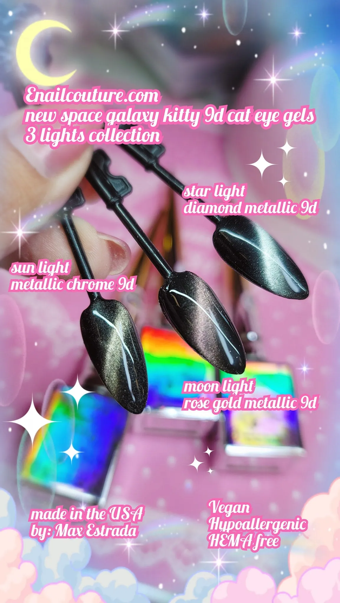 Space Galaxy kitty 3 lights Cat Eye hologram rainbow galaxy chrome cat eye gel~( 9D Wide Cat Eye Gel Nail Polish,Galactic Glitter Effect Magic Gel Nail Polish,10ml Soak Off UV LED Auroras Gel Polish)