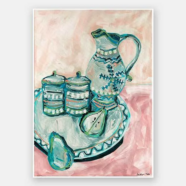 Still Life Tea Party Teal Unframed Art Print