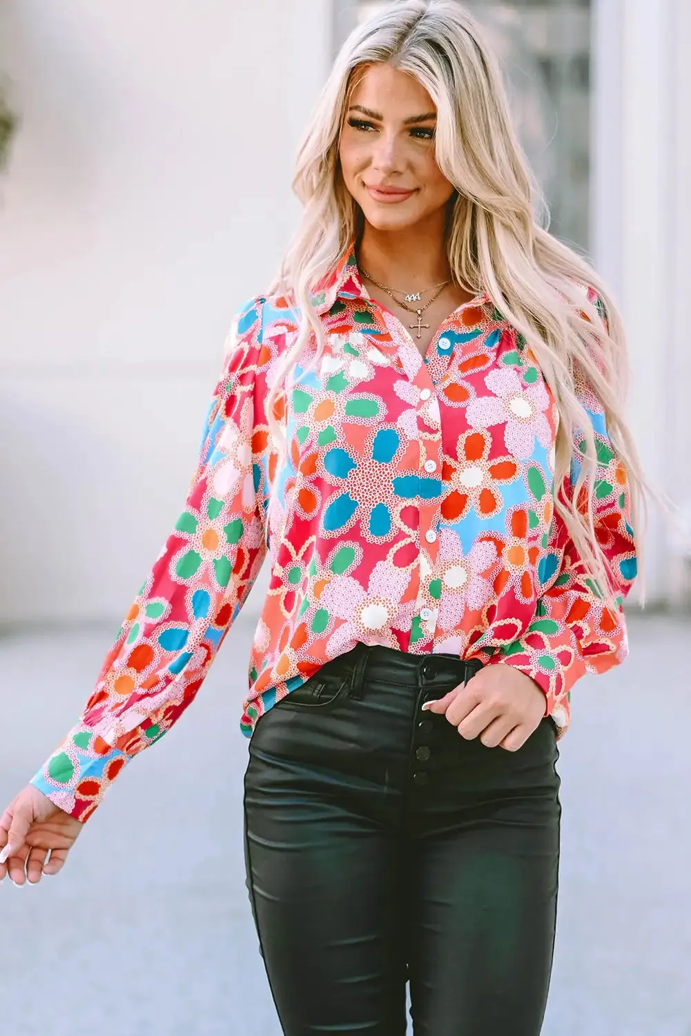 Vibrant Multicolor Floral Bubble Sleeve Shirt