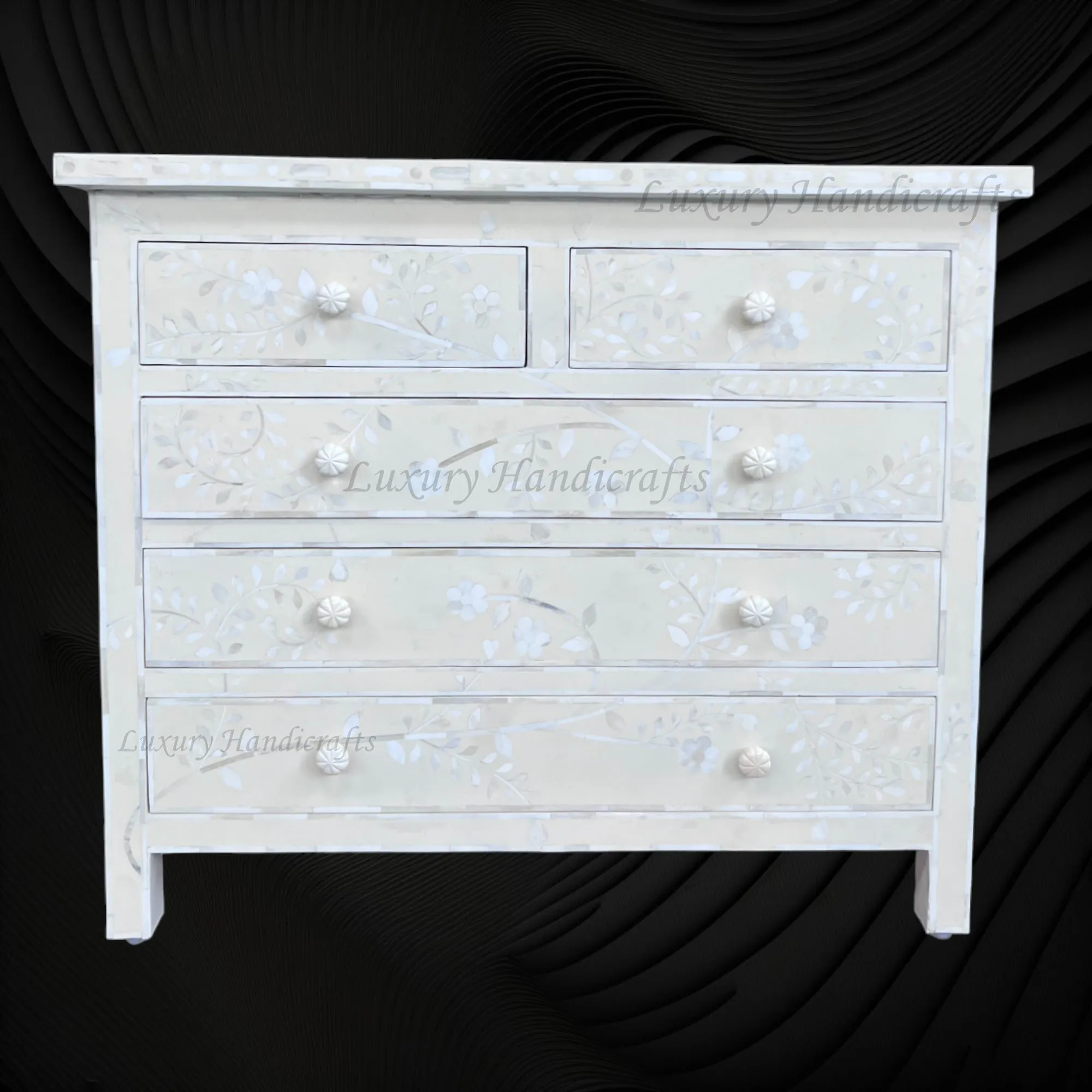 Vine Bone Inlay 5 Drawer Dresser Ivory