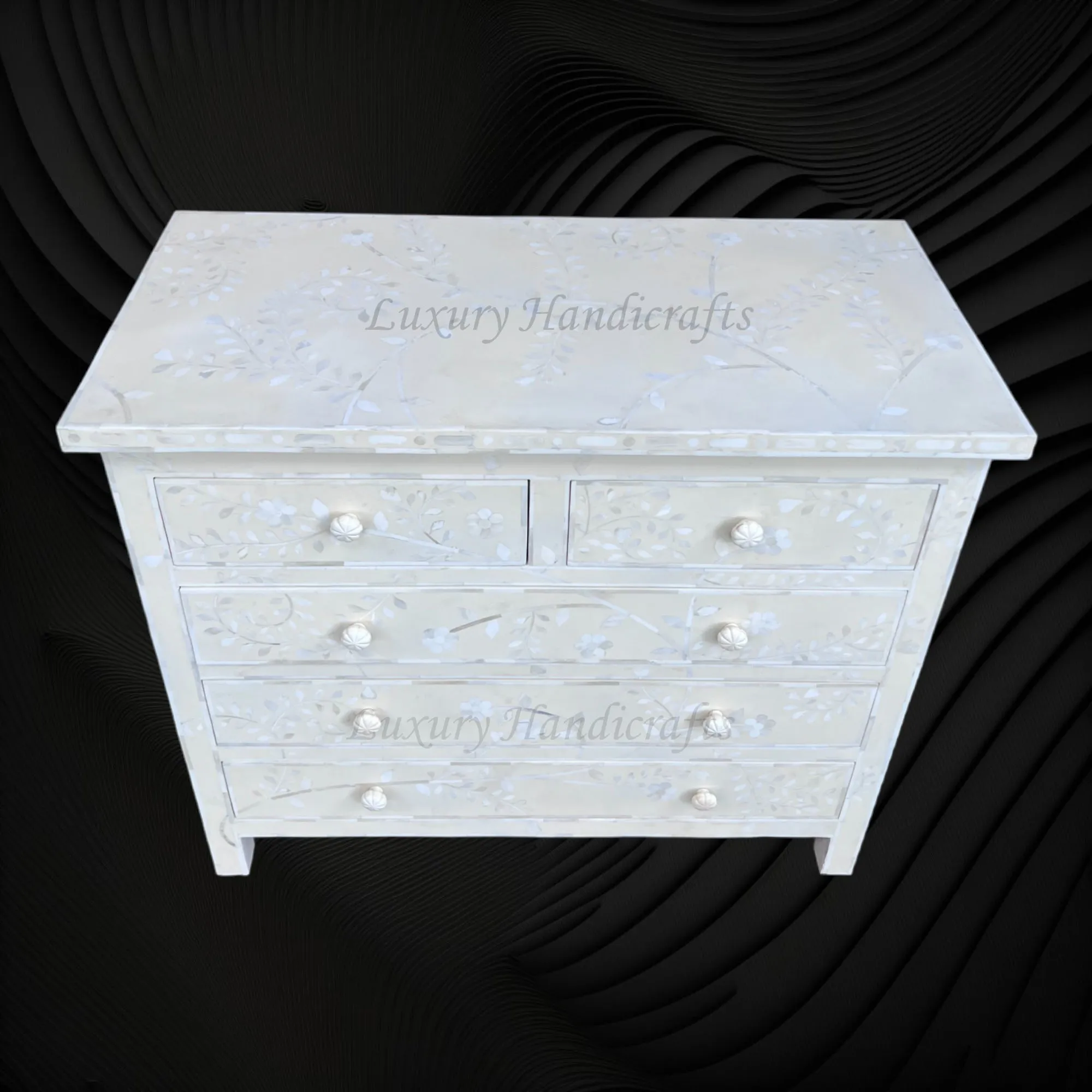 Vine Bone Inlay 5 Drawer Dresser Ivory