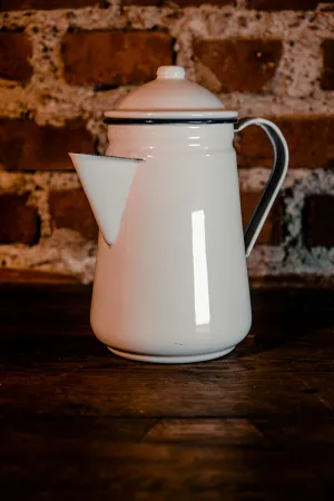 White Enamelware Coffee Pot / Kettle with Blue Rim